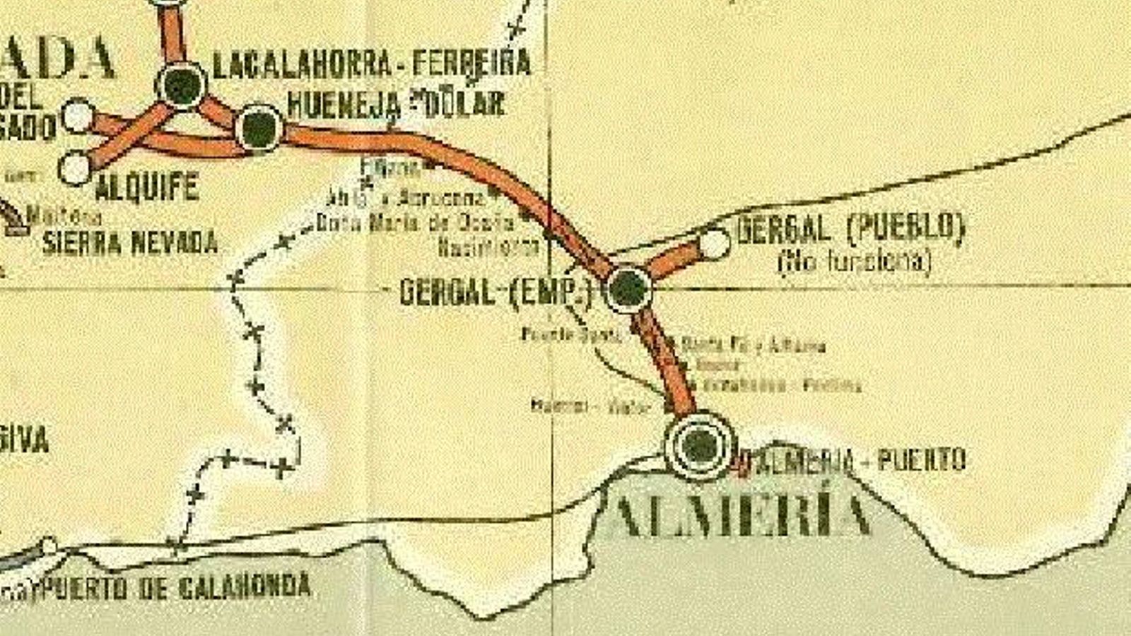 Mapa de los ferrocarriles en explotación. Almería-Guadix
