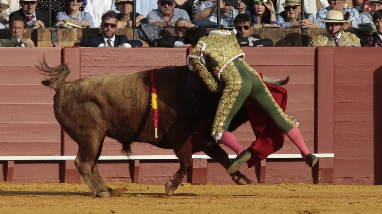 Cayetano matando a su primer toro en la corrida mixta de la Feria de Abril.