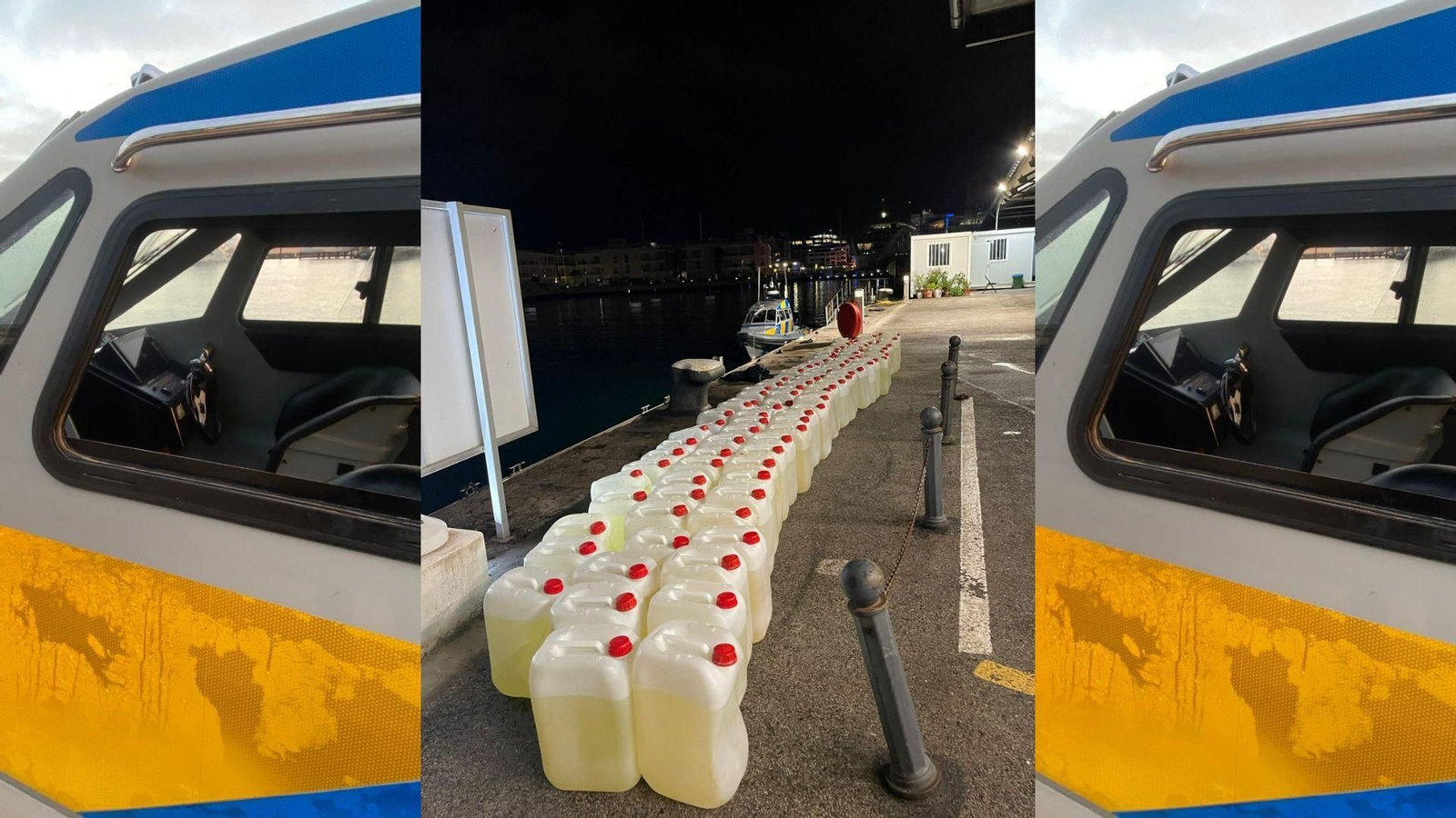 La ventana roto del buque de Aduanas de Gibraltar y los bidones incautados.