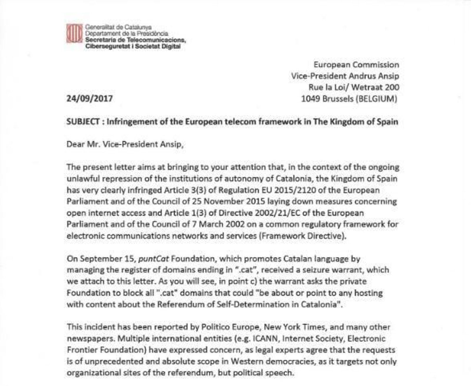 Fragmento de la carta que el 'Govern' ha enviado al comisario europeo de TIC.