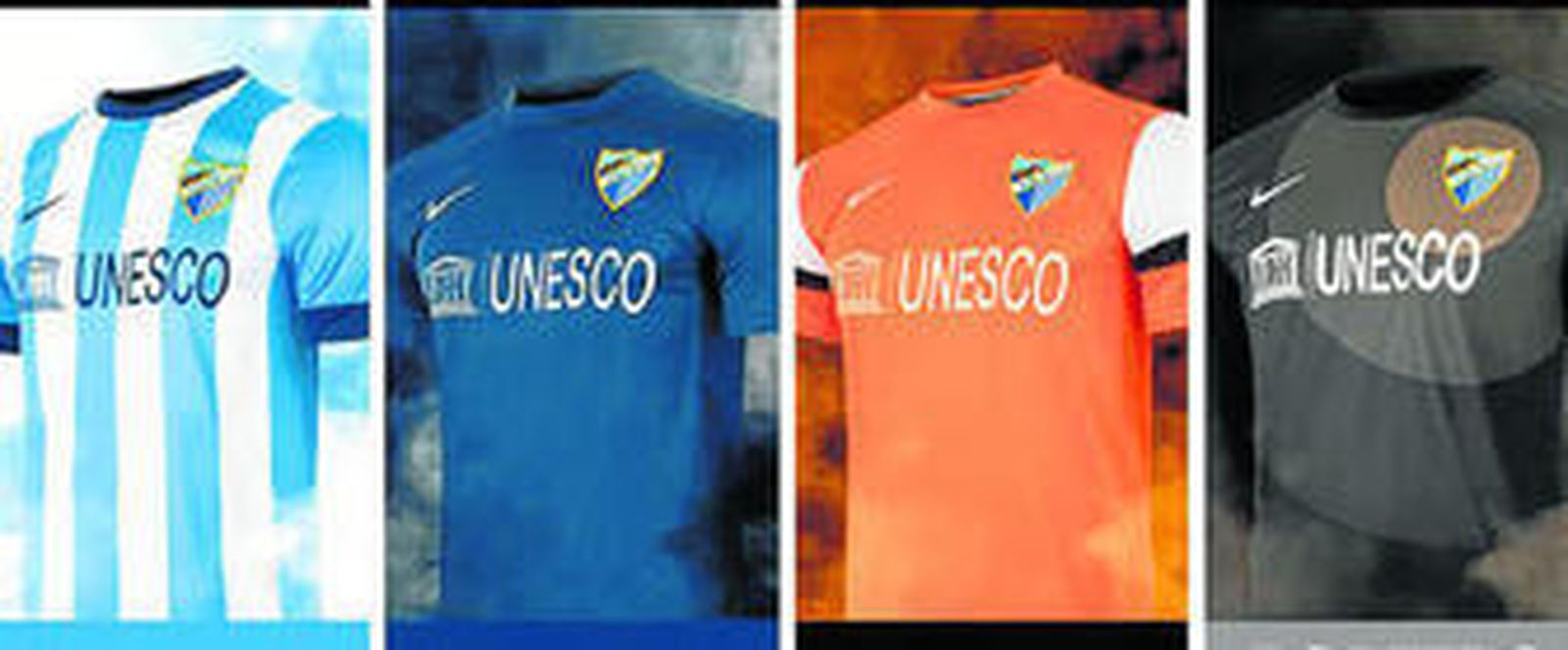 Imagen de las cuatro equipaciones, incluída la del portero, que sacó el Málaga para esta temporada.