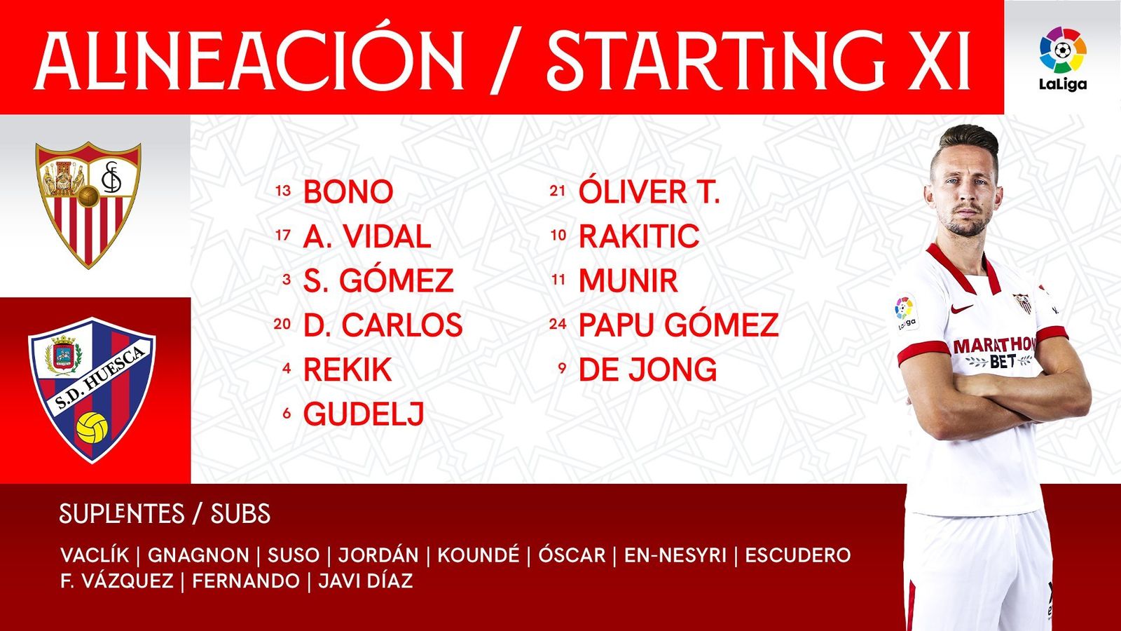 Carátula oficial del Sevilla con el once inicial y el banquillo.