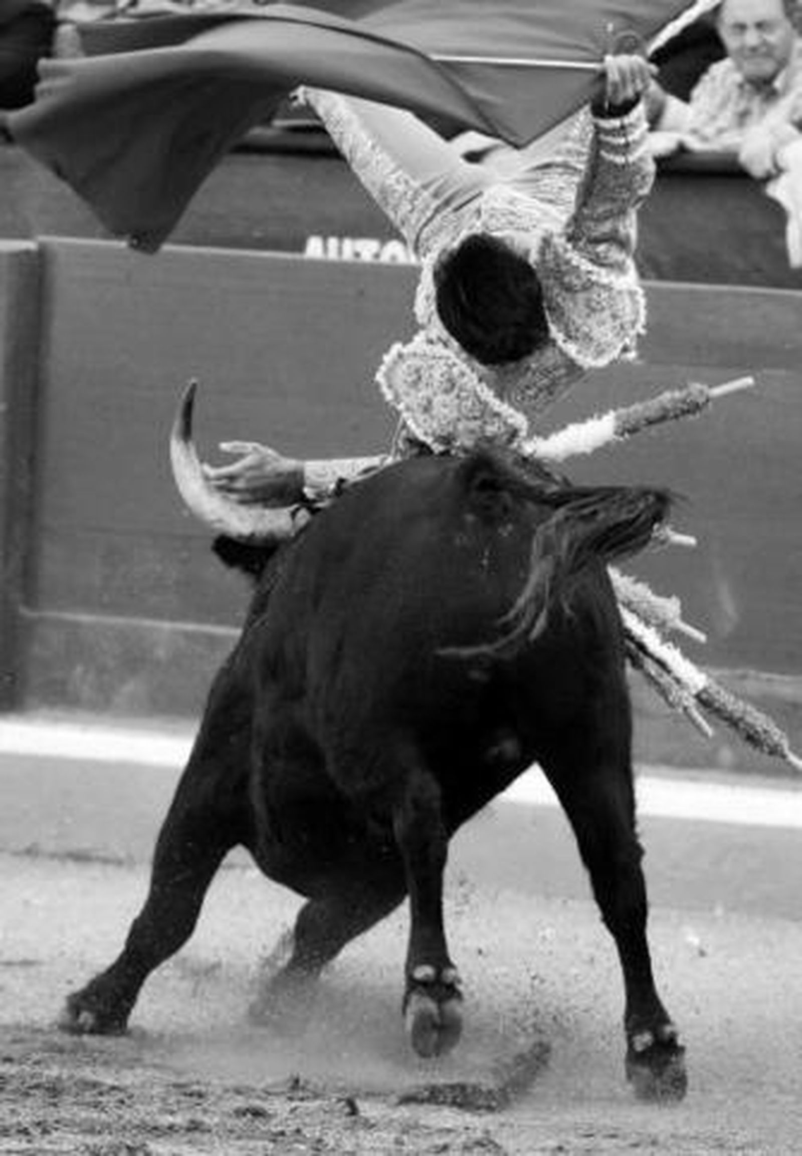 Javier Valverde sufrió una tremenda voltereta en su primer toro.