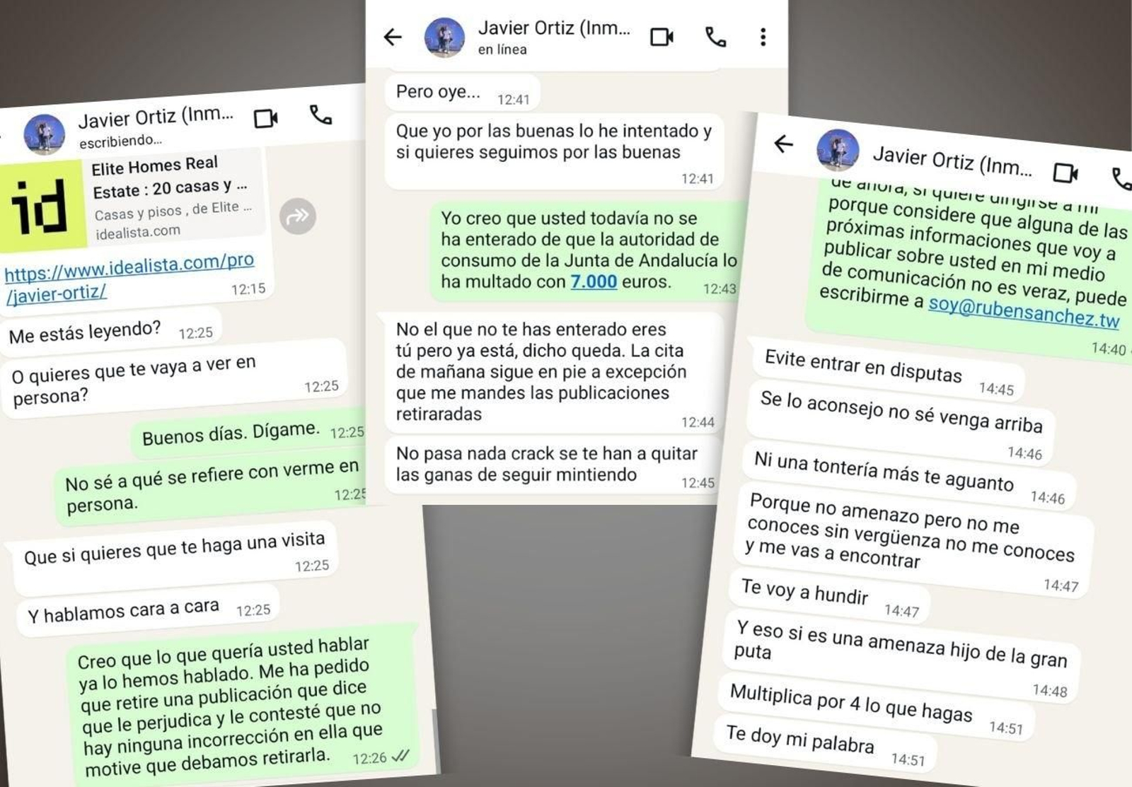 Los mensajes con las coacciones y amenazas denunciadas por Rubén Sánchez.