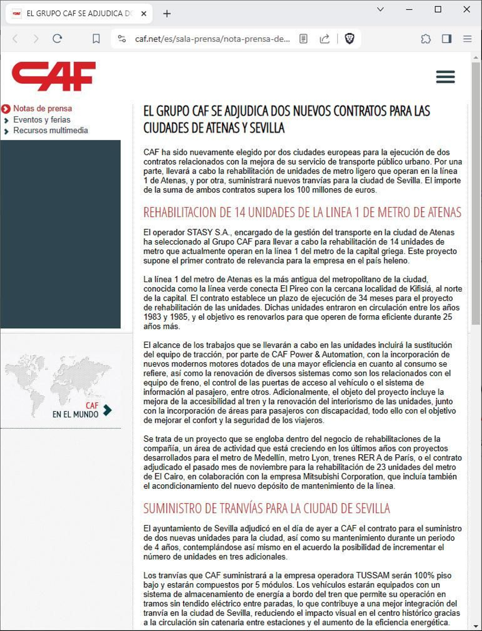 22/07/2022: anuncio de CAF sobre la adjudicación del contrato para Sevilla