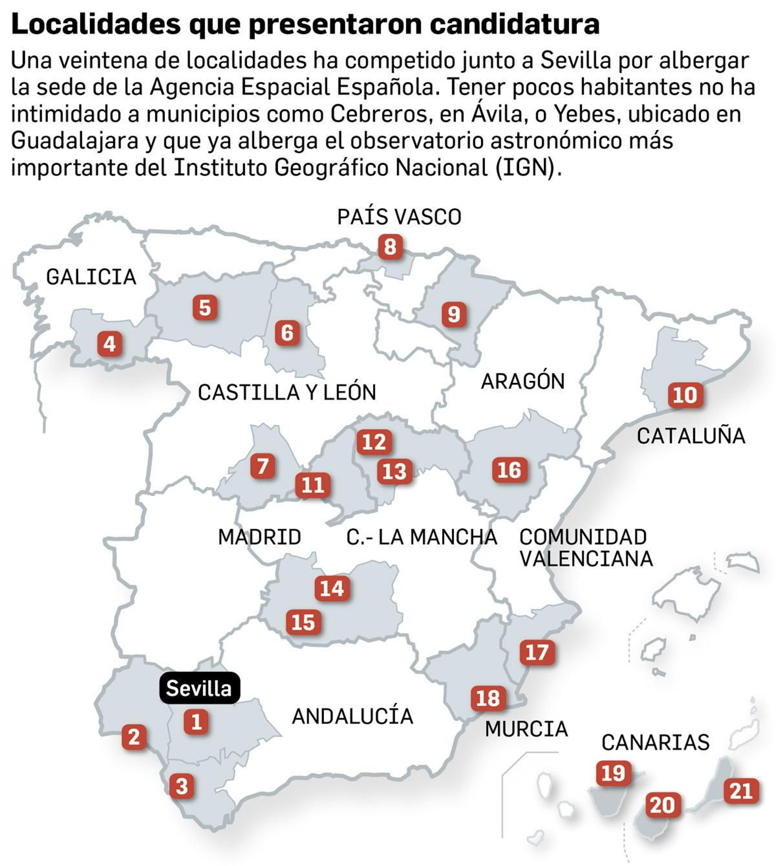 Ciudades candidatas a albergar la Agencia Espacial Española