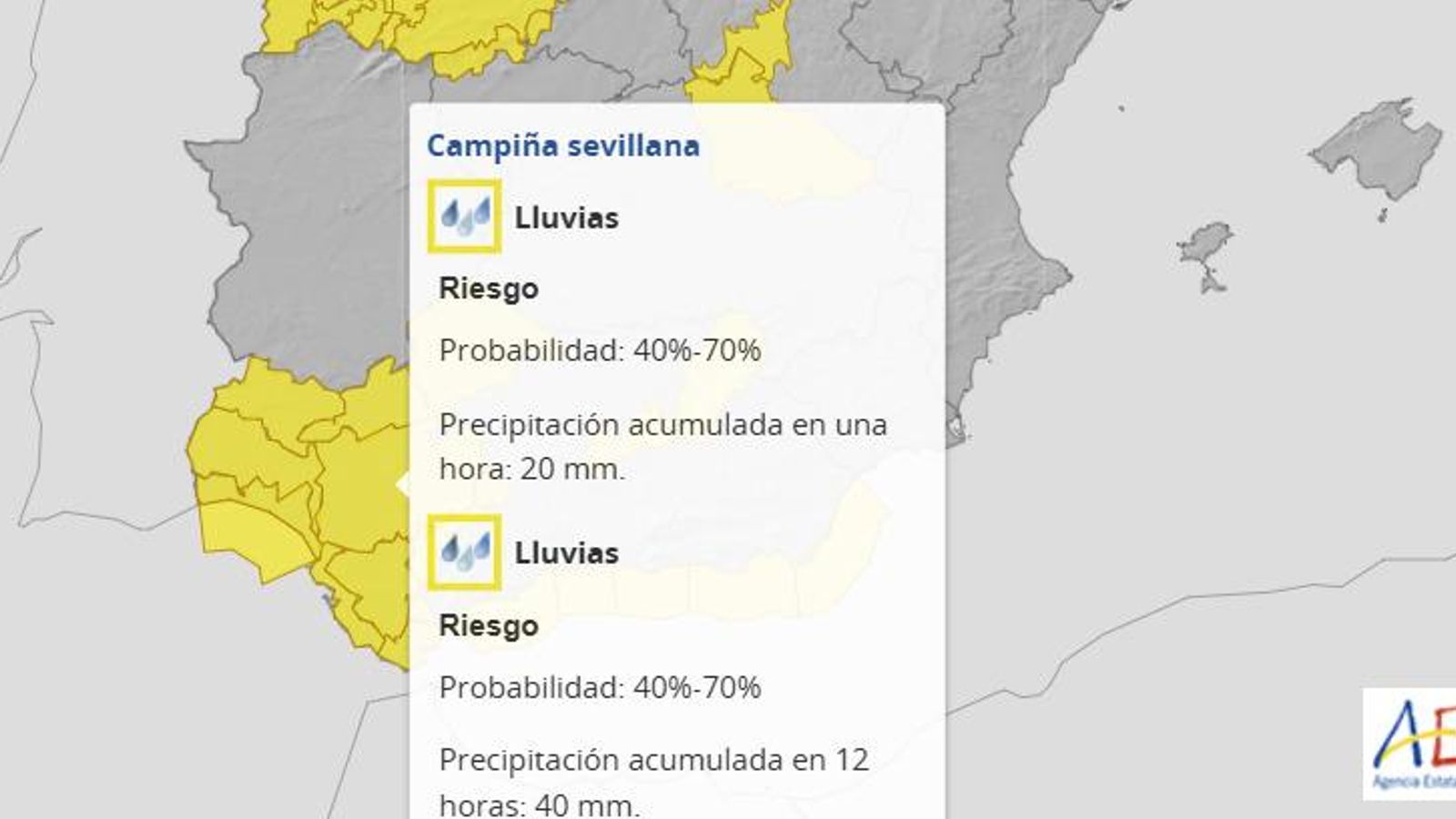Aviso amarillo por precipitaciones en Sevilla el jueves