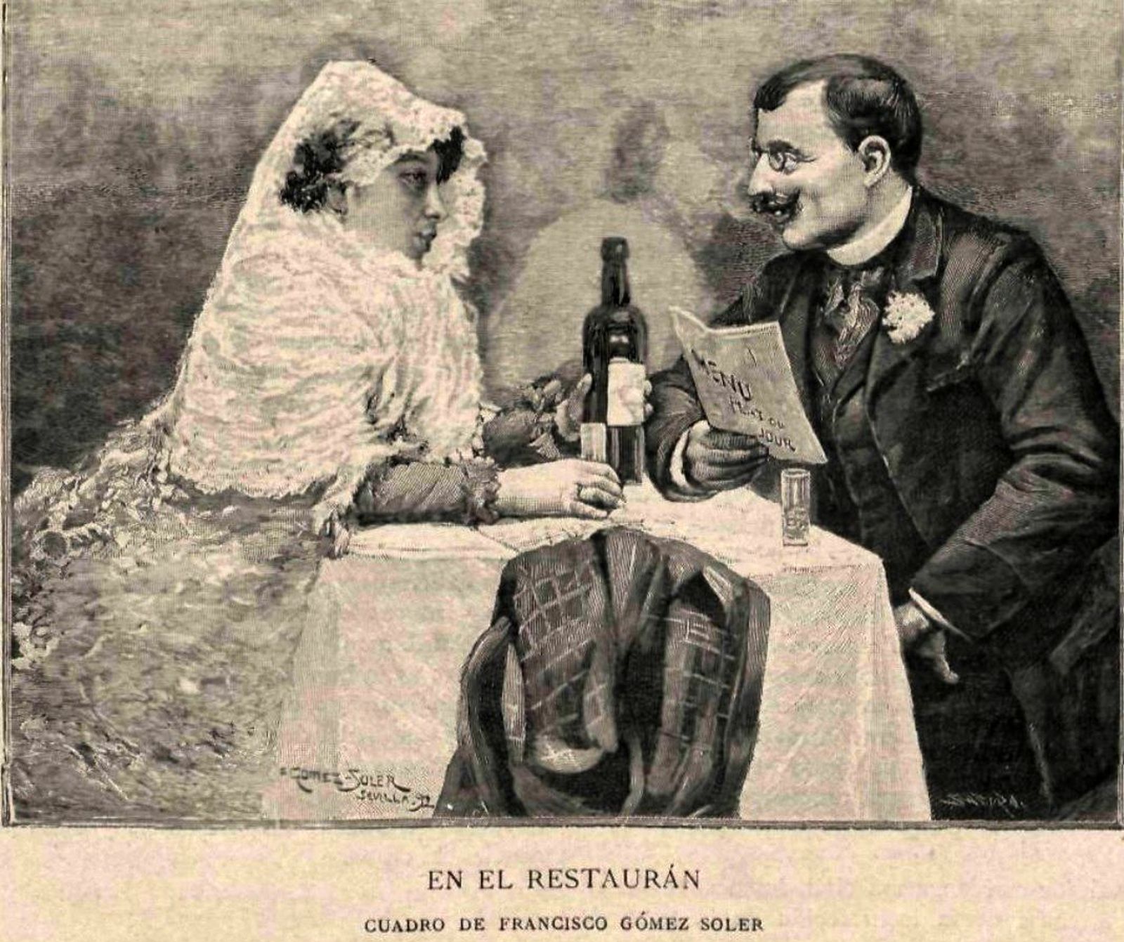 'En el restaurant', cuadro de Francisco Gómez Soler, 1892.