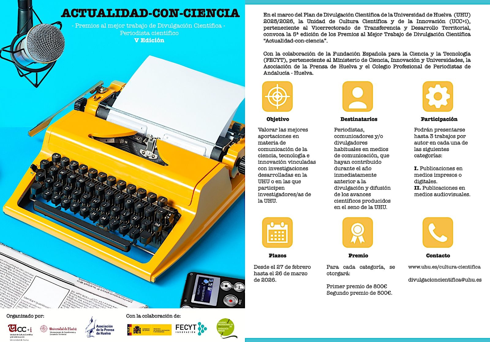 Díptico informativo de los Premios al Mejor Trabajo de Divulgación Científica “Actualidad-con-ciencia”.