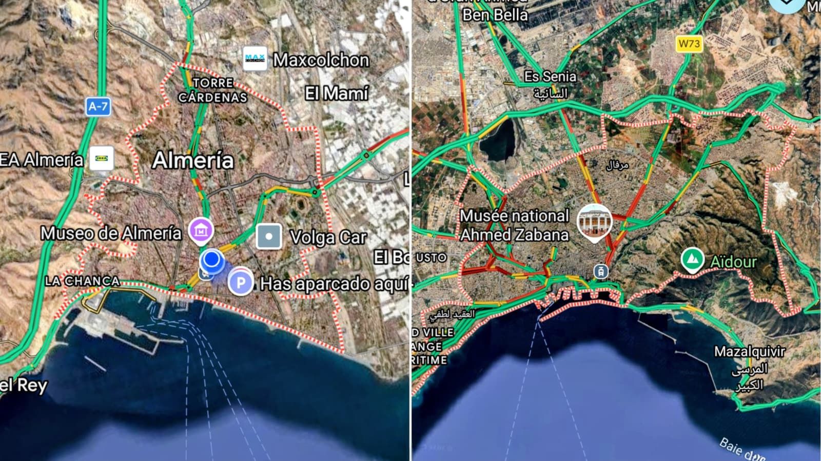 Comparación del plano urbano de Almería (España) y Orán (Argelia), dos ciudades mediterráneas con bahía abierta, puerto lateral y expansión hacia el este.