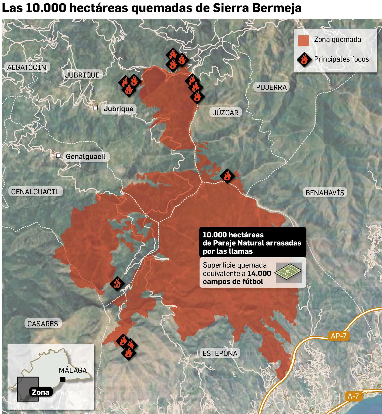 Mapa del área de Sierra Bermeja afectada por el incendio.