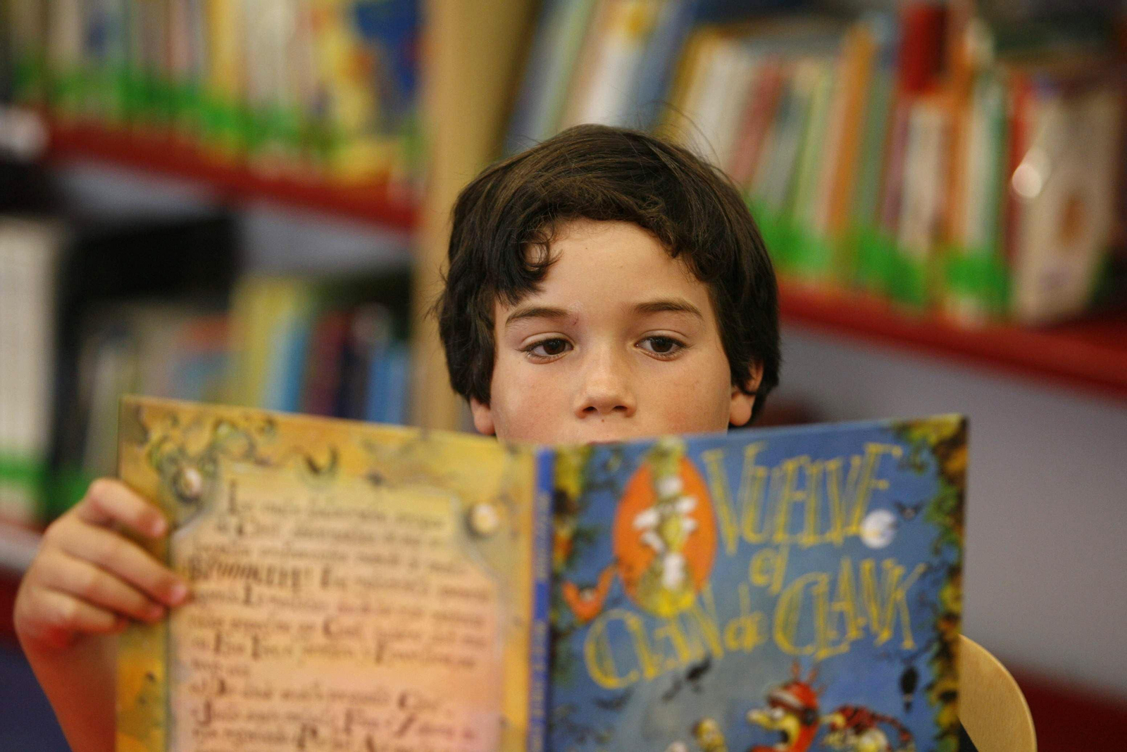 Un niño hojea un libro en una librería.