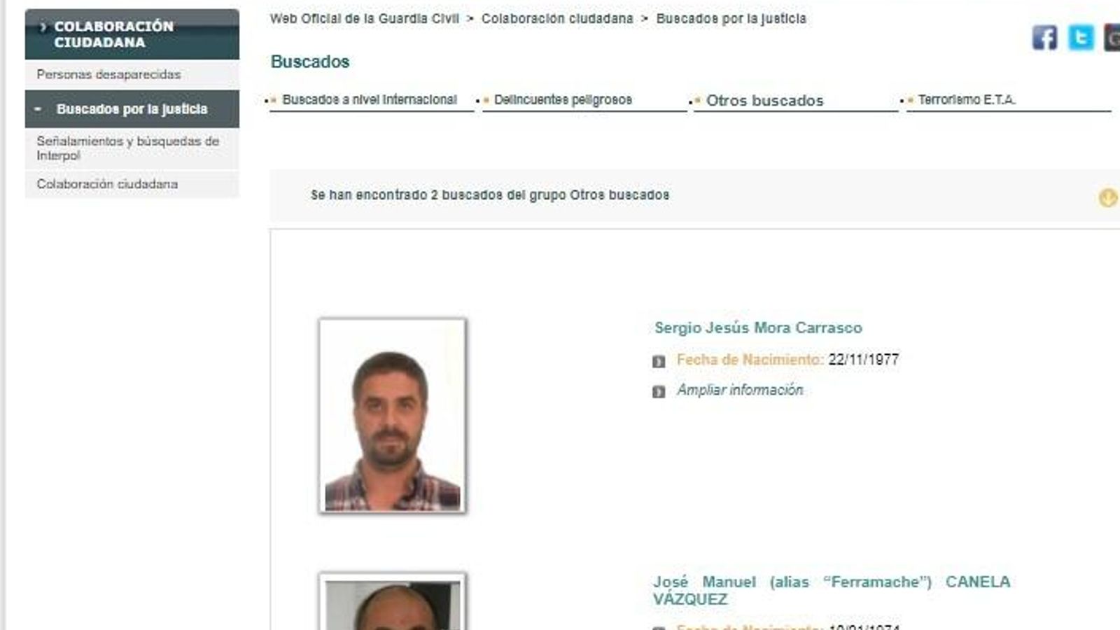 Interfaz de la web de la Guardia Civil, en el apartado donde aparecen los dos prófugos onubenses,