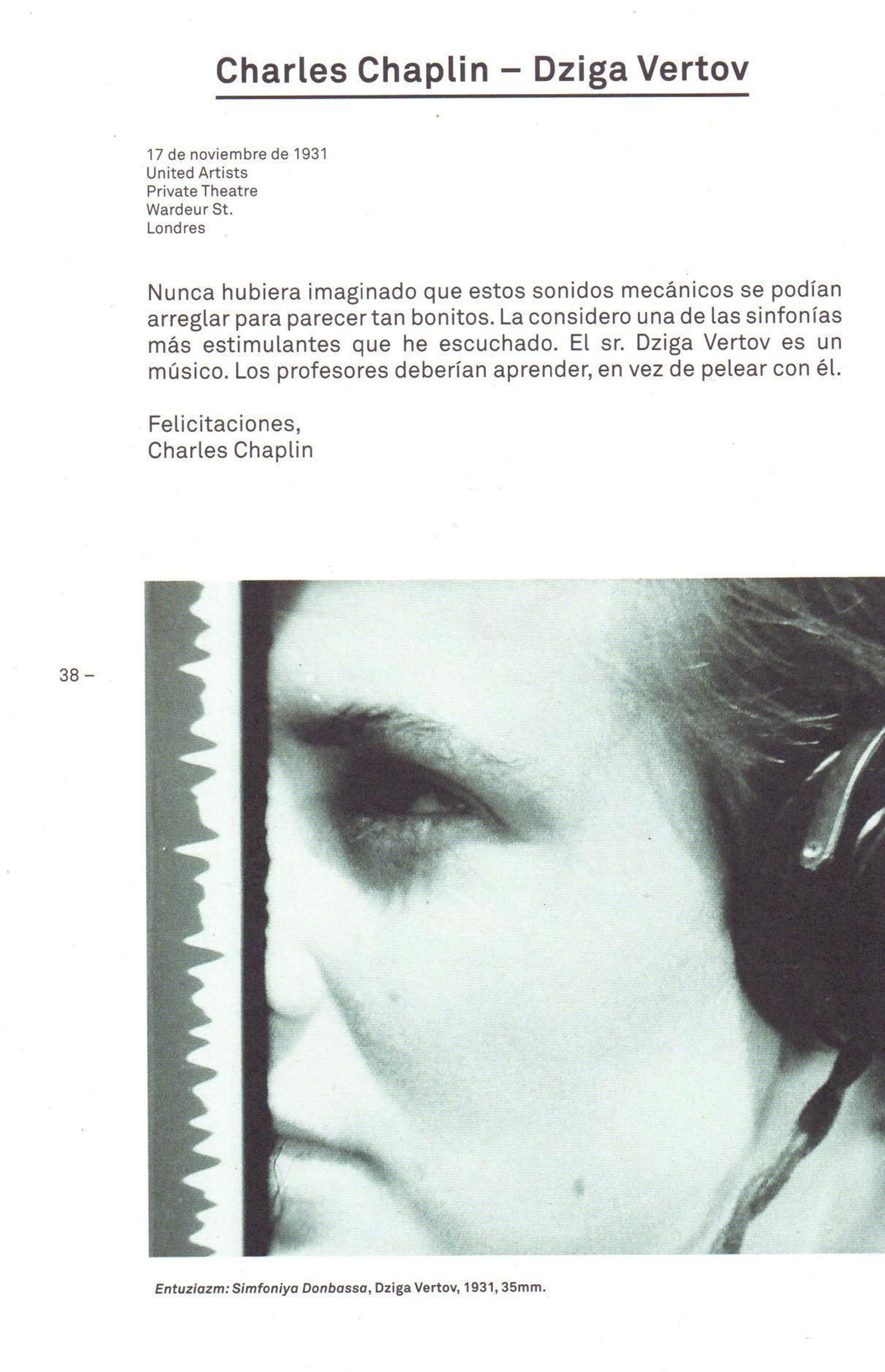 Pequeña carta enviada por Charles Chaplin a Dziga Vertov recogida en el libro.