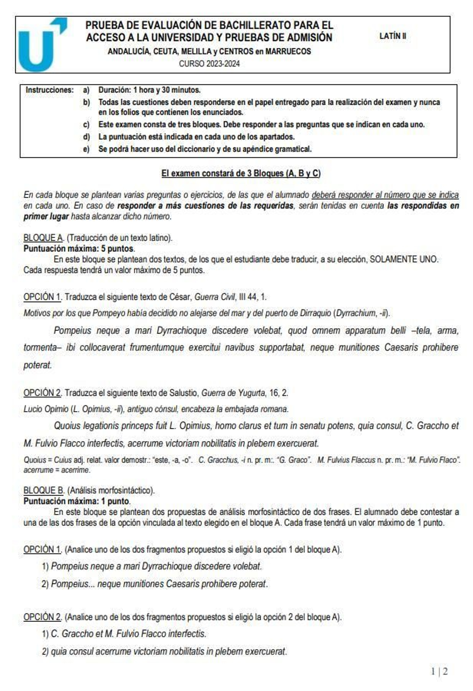 Bloque A y B del examen de Latín II