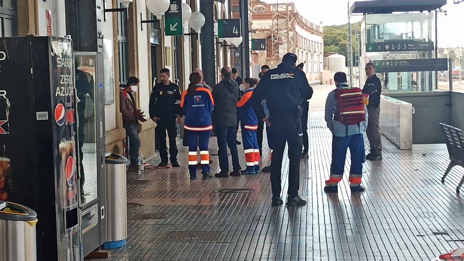 Agentes de la Policía Nacional, con el individuo tras bajar del techo de la Estación de Trenes de Jerez.