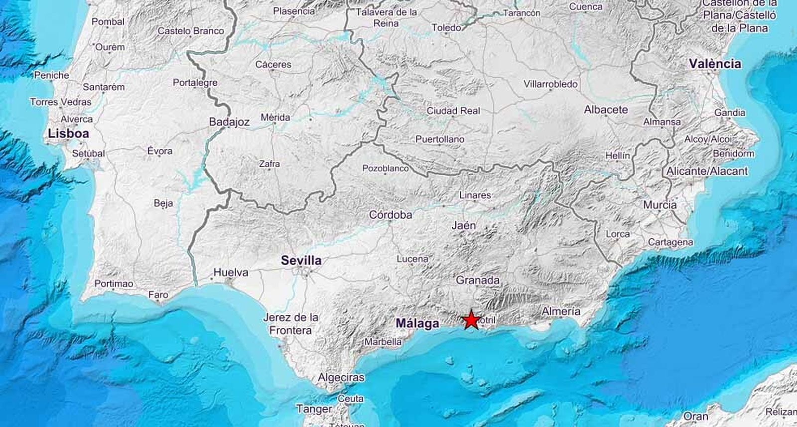 Imagen ofrecida por el Instituto Geográfico Nacional sobre el epicentro del terremoto