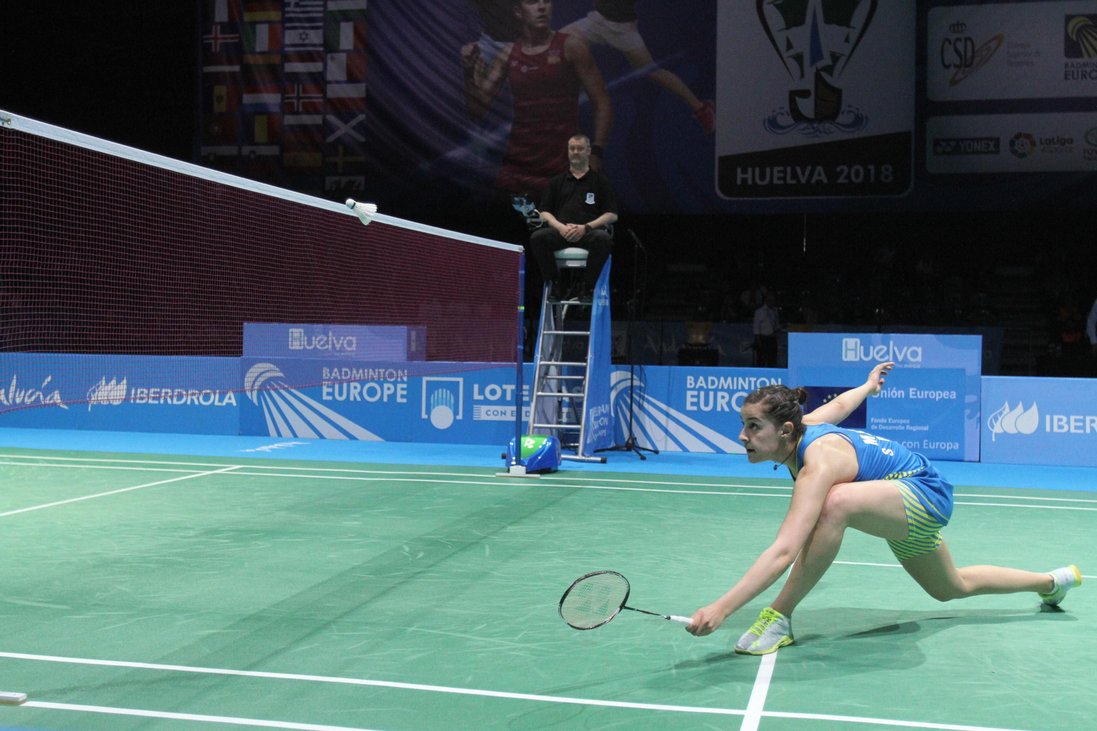 Partido y victoria de Carolina Marín en el Europeo de Bádminton celebrado en Huelva