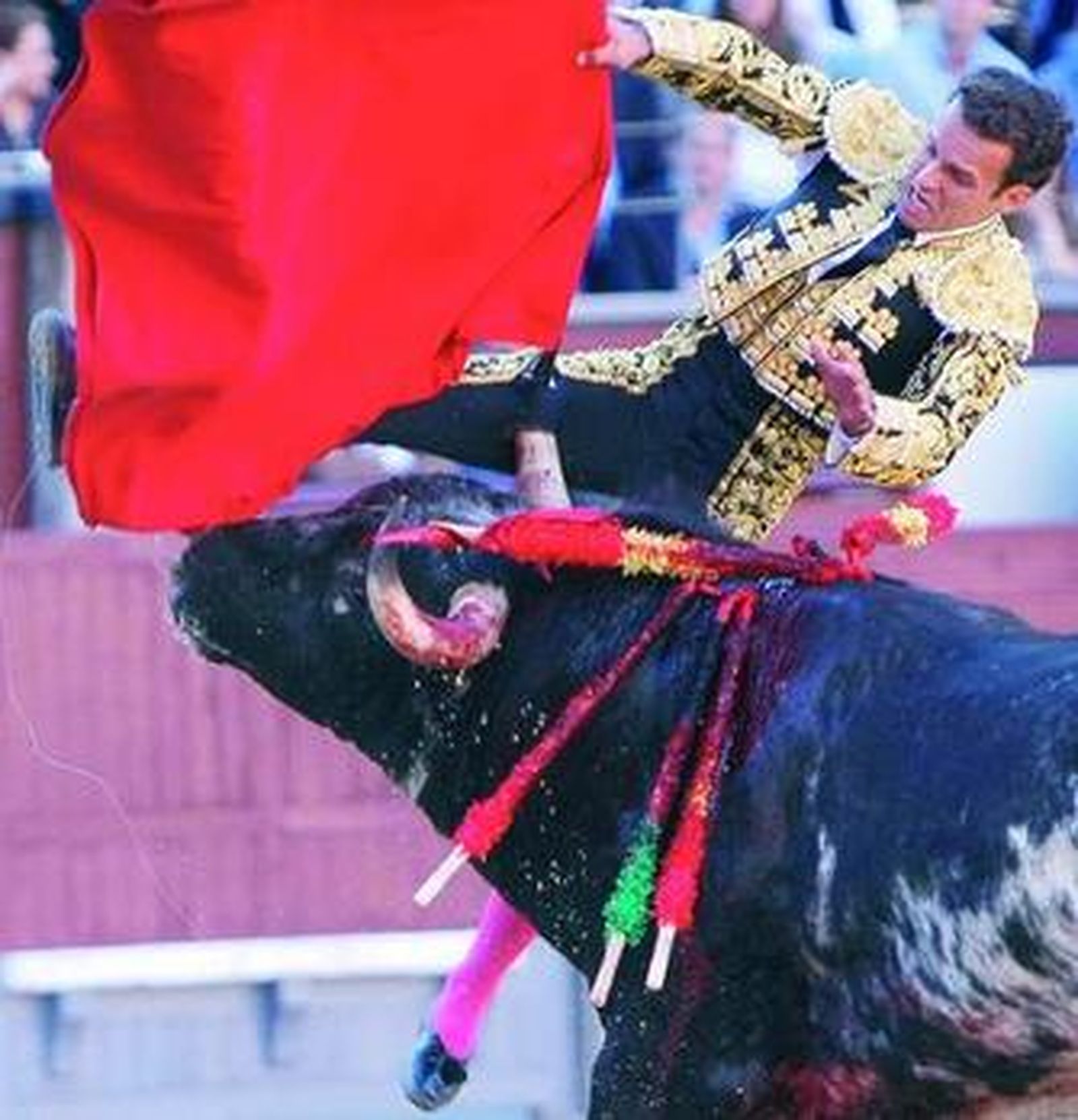 Instante en el que el primer toro perfora el muslo derecho a Antonio Ferrera.