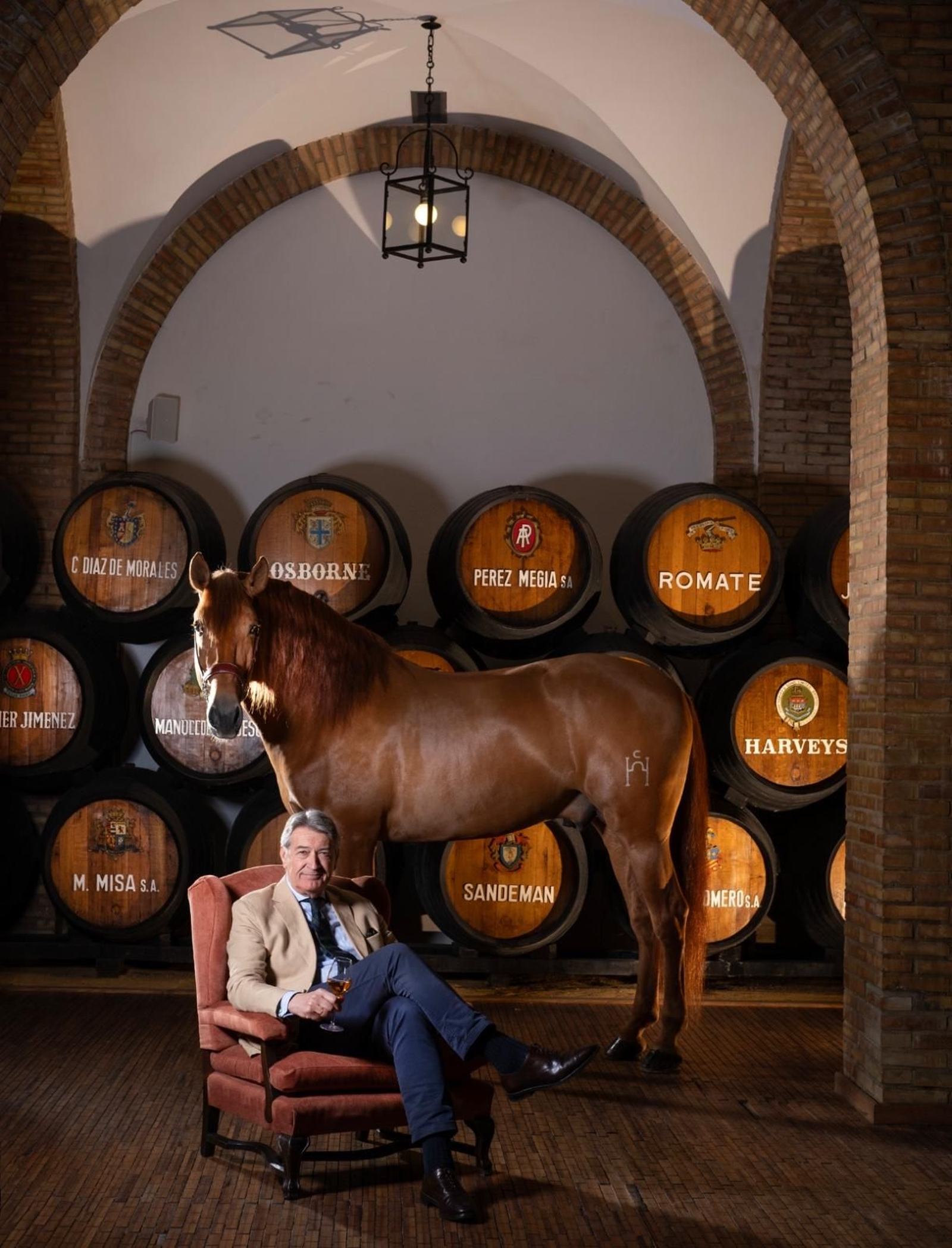 César Saldaña en la sede del Consejo Regulador, con un caballo cartujano.