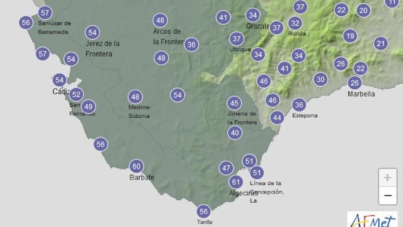 Rachas máximas de viento previstas para este sábado.