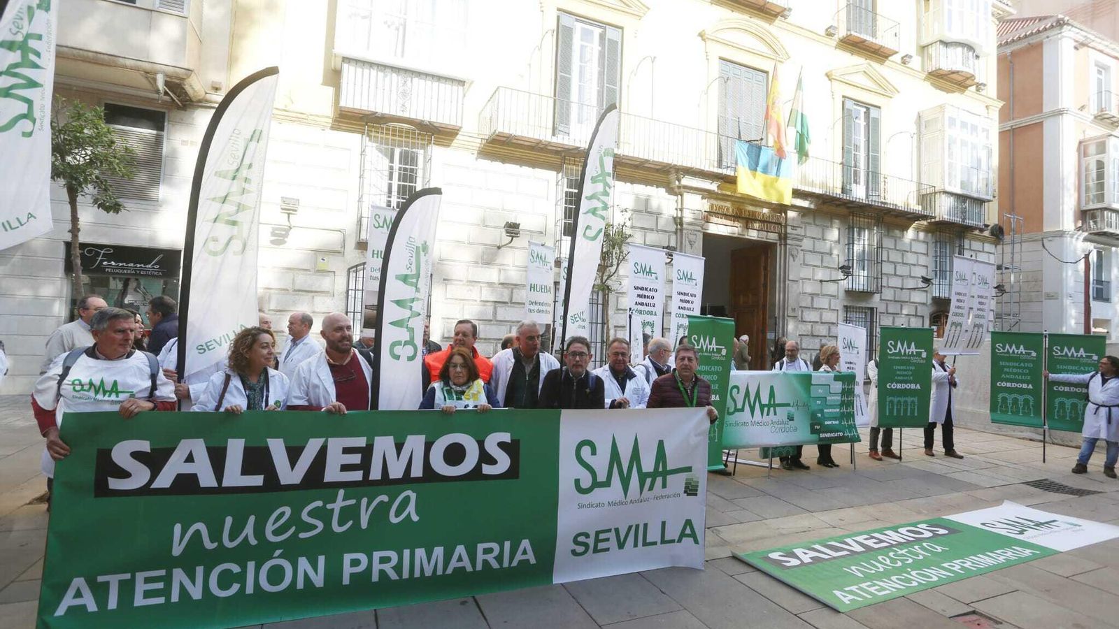 Parte de los facultativos concentrados ante la Delegación de la Junta, en la Alameda Principal.