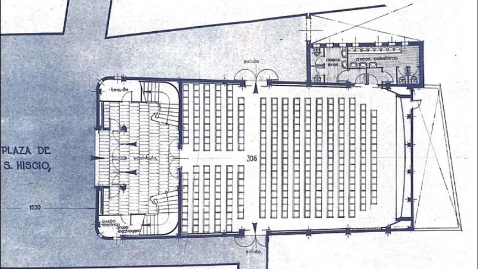Planta baja del cine de la plaza de San Hiscio. Carlos Solís Llorente, 1960. Archivo Municipal de Tarifa