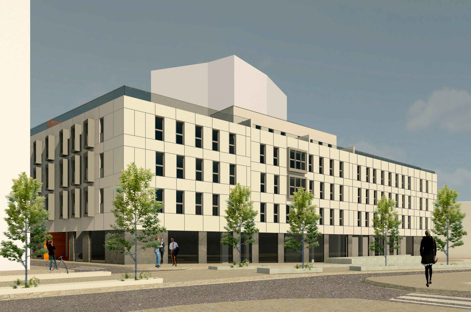 Infografía del primer edificio, con locales comerciales, que sustituirá a las derribadas Casas de los Maestros.