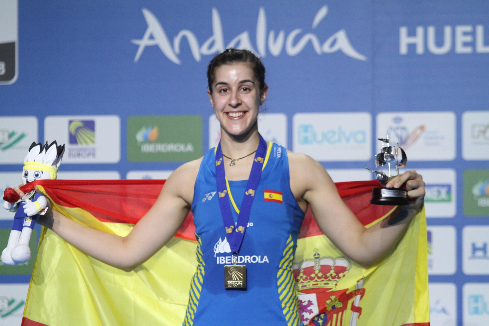 Partido y victoria de Carolina Marín en el Europeo de Bádminton celebrado en Huelva