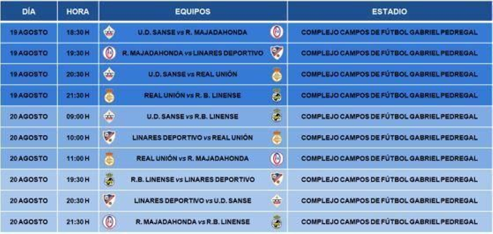 El cuadro con los horarios y partidos del torneo