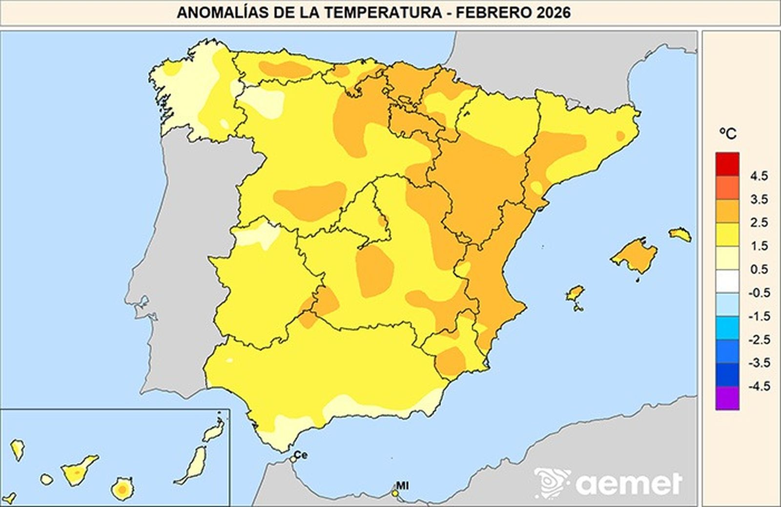 Anomalías de las temperaturas medias en febrero de 2026 respecto al período 1991-2020.