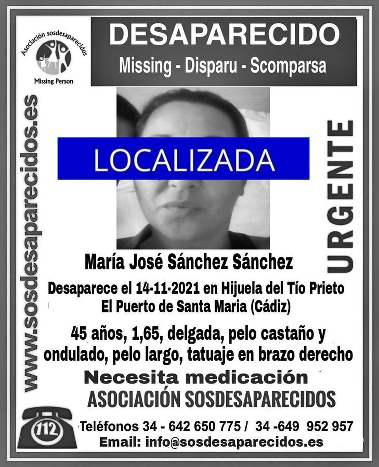 El cartel que anuncia la localización de la mujer desaparecida en El Puerto.