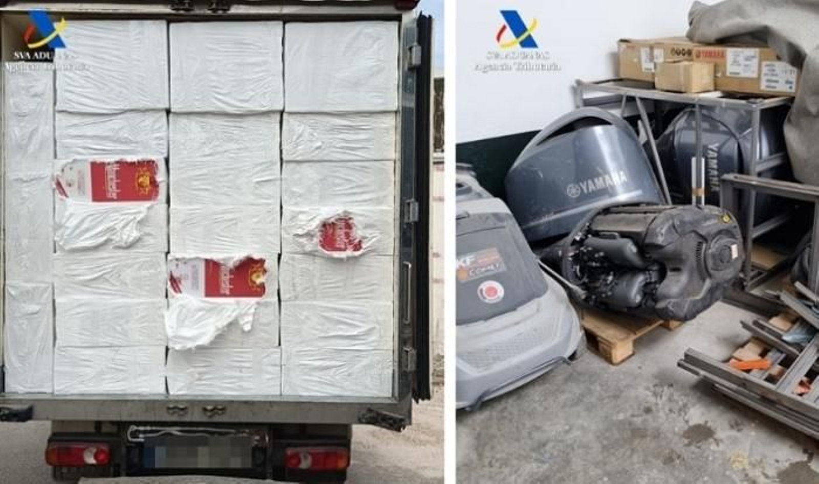 Camión con la carga de tabaco y motores para preparar las narcolanchas.