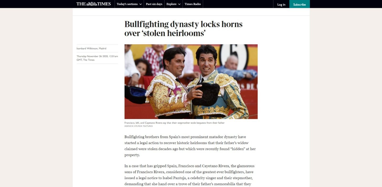 Noticia en la que 'The Times' se hace eco del requerimiento de los hermanos Rivera Ordóñez.