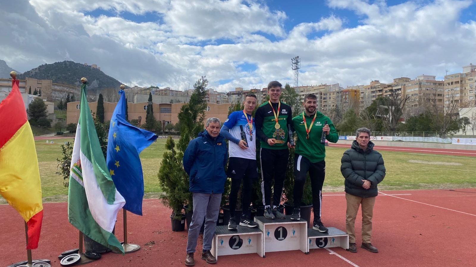 Podio del Nacional masculino de jabalina con Manu Quijera (oro), Pablo Costas (plata) y Nico Quijera (bronce).