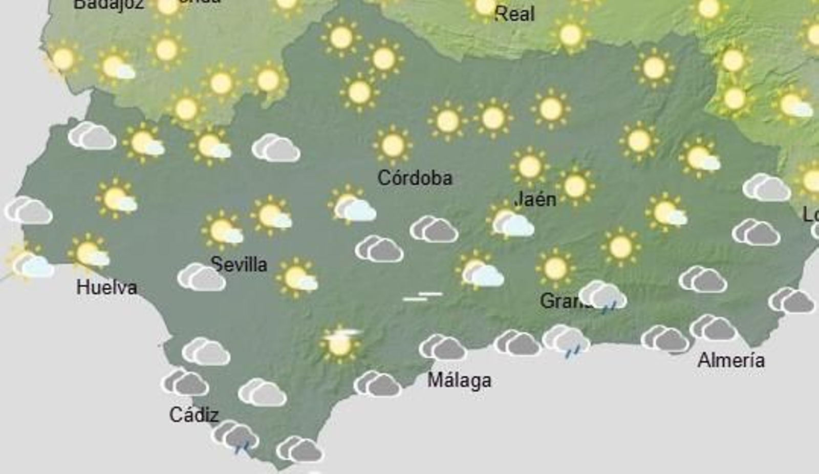 Mapa de Andalucía con la previsión metereológica de la jornada con cielos muy nubosos y chubascos ocasionales