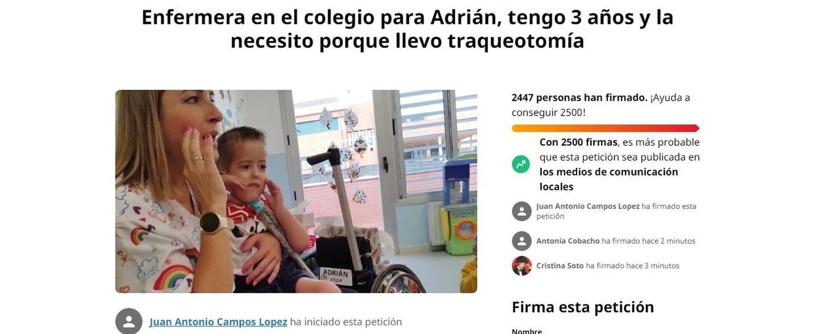 Captura de pantalla de campaña de recogida de firmas lanzada en 'Change.org'.