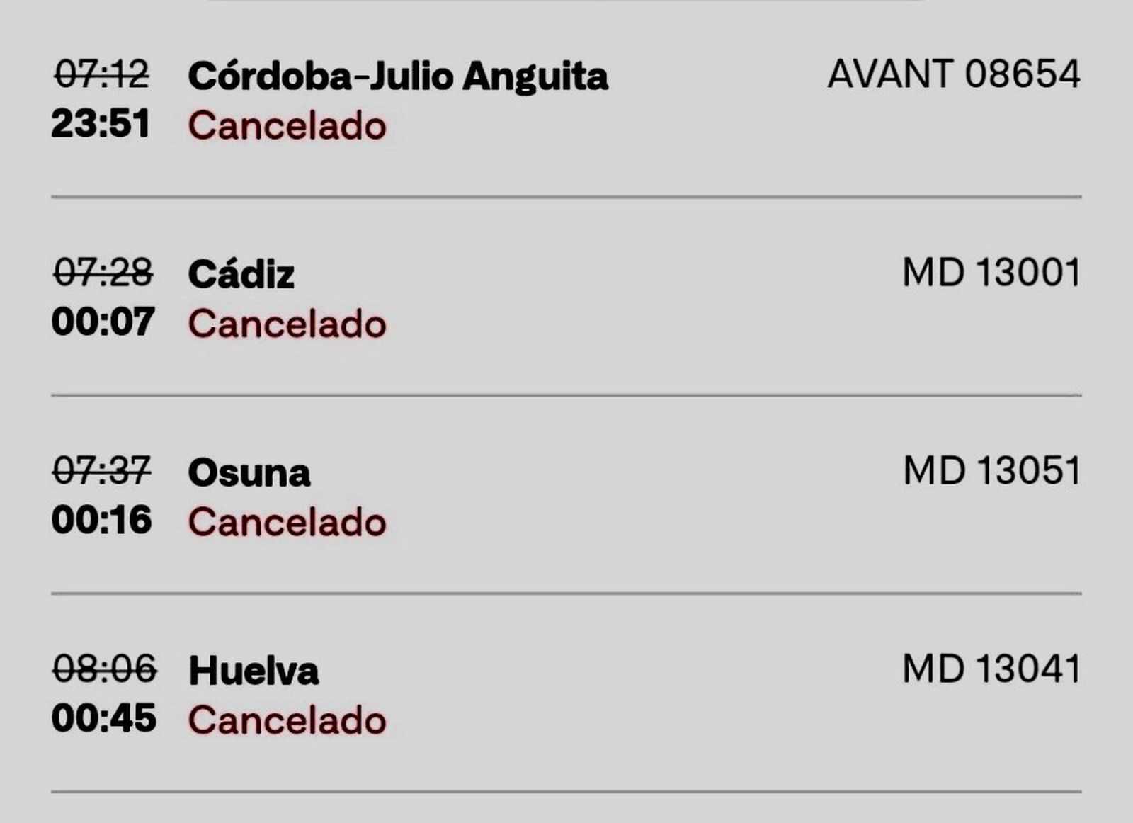 Trenes cancelados en el día de ayer.
