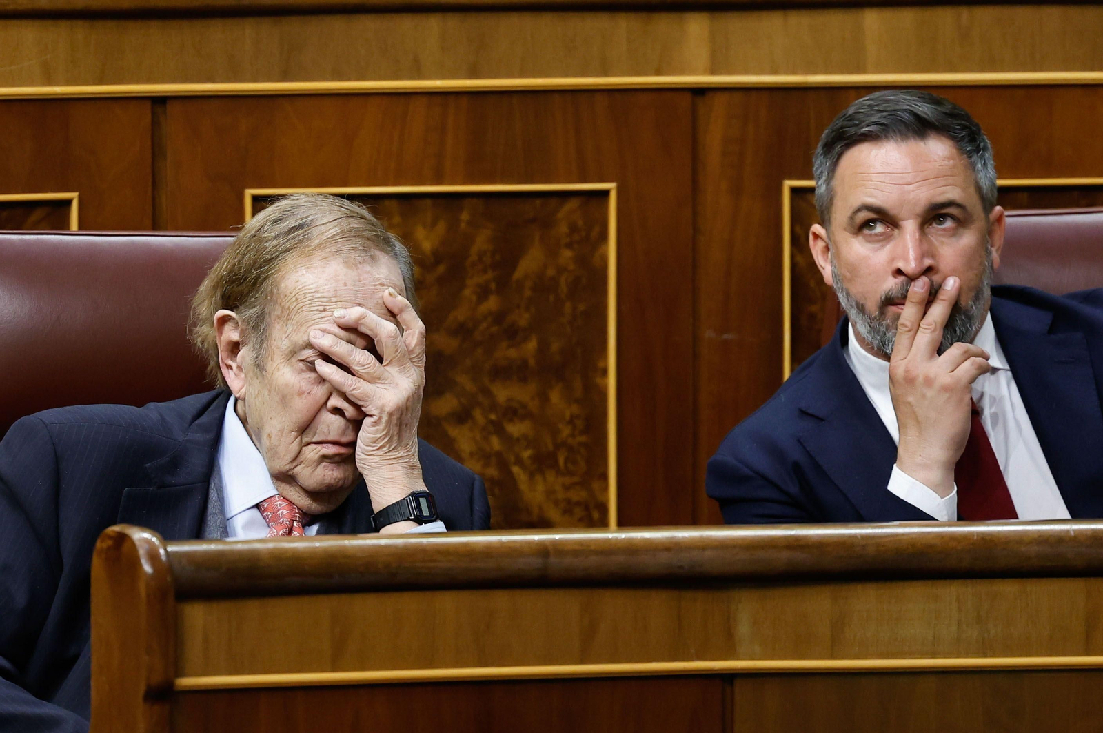 Ramón Tamames se tapa la cara durante el debate de la moción de censura junto a un pensativo Santiago Abascal.