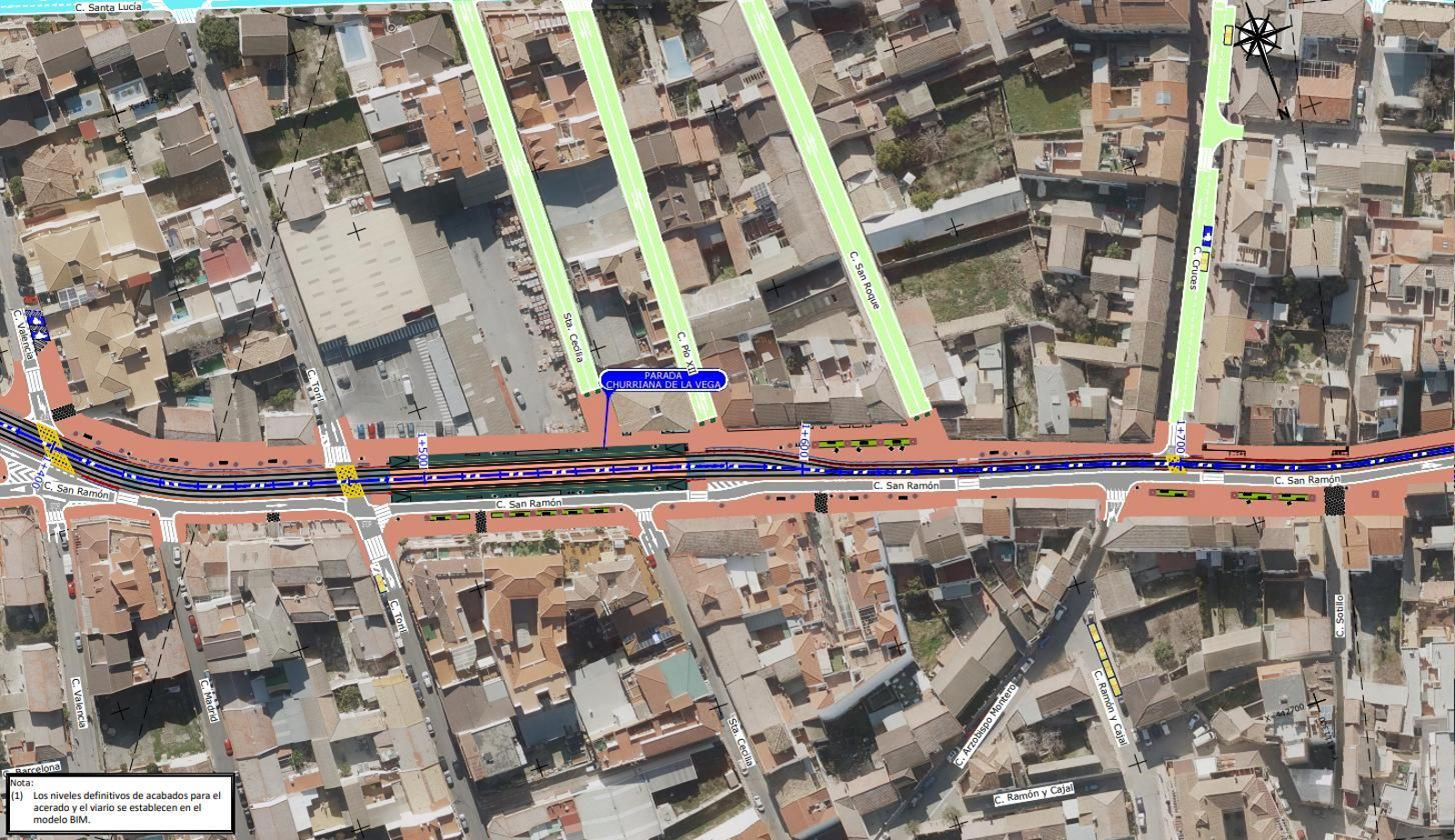 Mapa del trazado definitivo de la ampliación Sur del Metro de Granada por Armilla, Churriana y Las Gabias