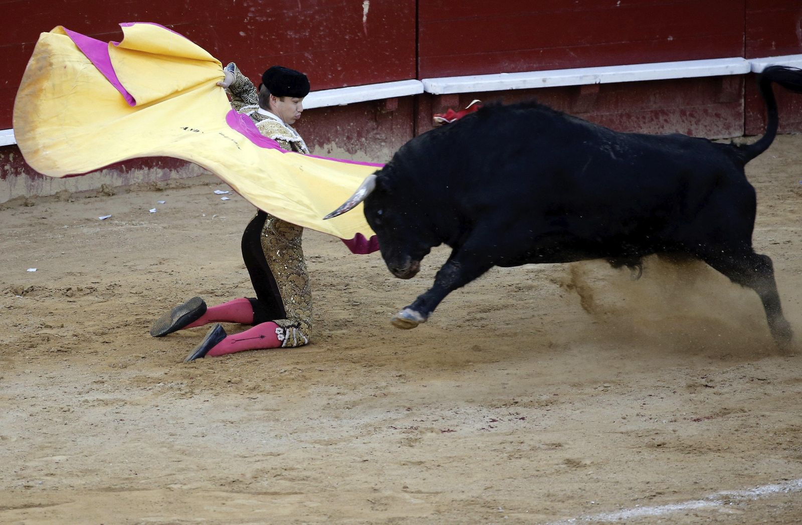 Andy Younes, ayer, en una larga cambiada de rodillas en la plaza de toros de Valencia.